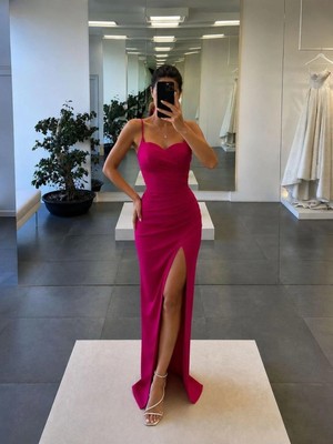 Ang Butik Kadın Şık Detay Kalp Yaka Askılı Saten Kumaş Balık Kesim Abiye Elbise