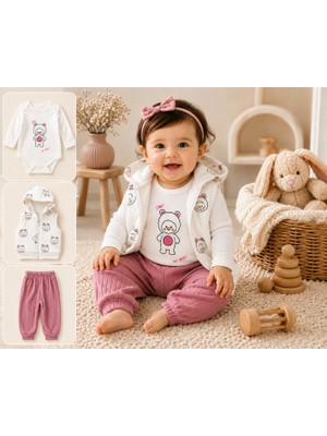 Maxi İdol Kız Bebek Zıbın Kapşonlu Yelek Pijama 3’lü Takım %100 Pamuk