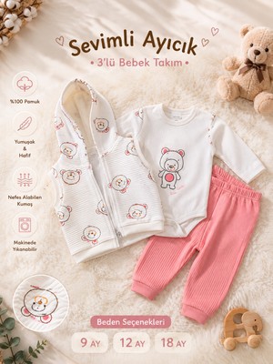 Maxi İdol Kız Bebek Zıbın Kapşonlu Yelek Pijama 3’lü Takım %100 Pamuk