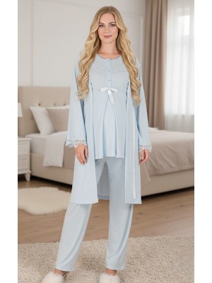 LOHUSSA Yeni Sezon Mavi Emzirme Özellikli Ispanyol Kol Tasarım Hamile Lohusa Sabahlık Pijama Takımı 3'lü Set