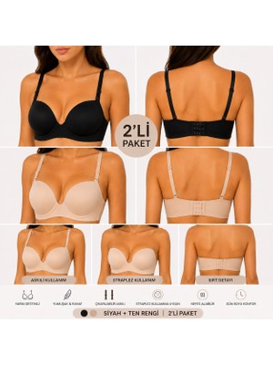 2'li Paket Çıkarılabilir Askı Straplez Balenli Destekli Push-Up Toparlayıcı Sütyen