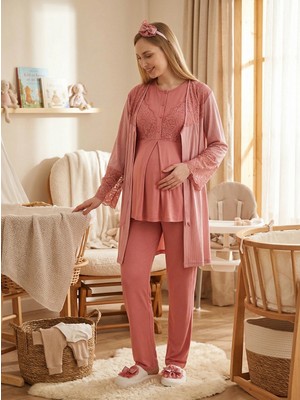LOHUSSA Yeni Sezon Nar Çiçeği Yazlık Jakarlı Şık Dantelli Kısa Kol Hamile Lohusa Sabahlık Pijama Takımı Seti