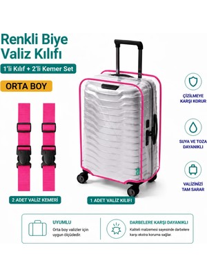 Trink Çanta Şeffaf Valiz Koruyucu Kılıf ve Valiz  Kemeri * 2 Adet  * Pembe  - Orta