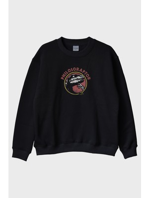 Lofux Philosoraptor Baskılı Retro Dinozor Tasarımlı Siyah Bisiklet Yaka Sweatshirt