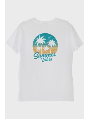 Lofux Summer Vibes Baskılı Tropik Plaj Tasarımlı Beyaz Tişört