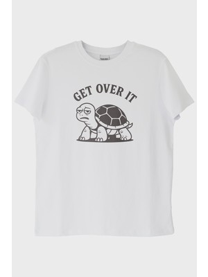 lofux GET OVER IT Kaplumbağa Baskılı Beyaz Tişört