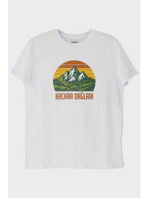 lofux KAÇKAR DAĞLARI Retro Doğa Baskılı Beyaz Tişört
