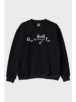 Lofux Gövdesinde Einstein'ın Formülü Olan Tasarım Siyah Bisiklet Yaka Sweatshirt