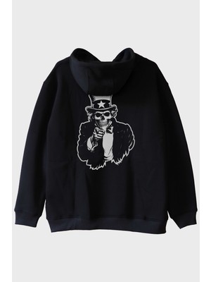 Lofux Şapkalı Iskelet Baskılı Siyah Hoodie