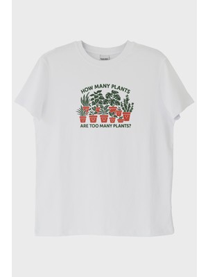 lofux How Many Plants Baskılı Mizahi Bitki Beyaz Tişört