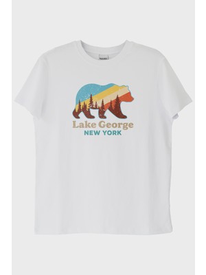 lofux Lake George New York Ayı Siluetli Baskılı Beyaz Tişört