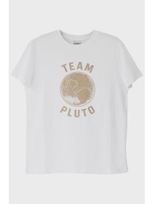 Lofux Team Pluto Baskılı Uzay Temalı Beyaz Tişört