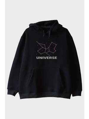 Lofux Kozmik Yıldız Desenli Siyah Hoodie