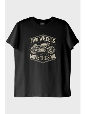 lofux Two Wheels Move the Soul Motosiklet Tasarımlı Siyah Tişört
