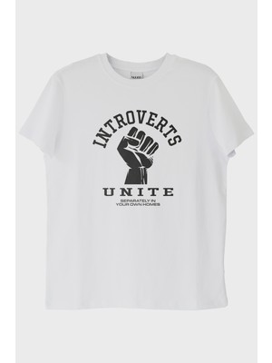 lofux Introverts Unite Baskılı Mizahi Beyaz Tişört