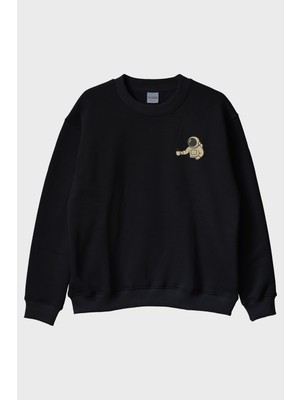 Lofux Uzay Kahvesi Siyah Bisiklet Yaka Sweatshirt