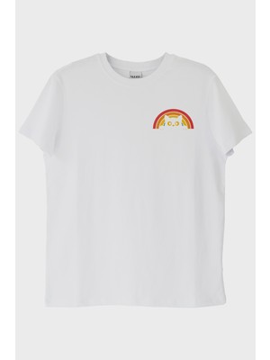 lofux Rainbow Cat Baskılı Tasarım Beyaz Tişört