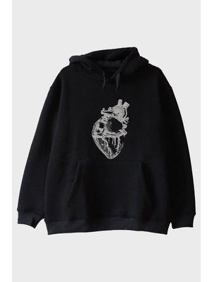 Lofux Kalp Anatomi Çizimli Minimalist Baskılı Siyah Hoodie