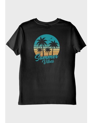 Lofux Summer Vibes Baskılı Tropik Plaj Tasarımlı Siyah Tişört