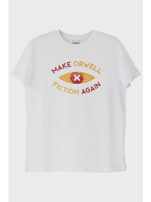lofux Distopya İlhamlı 'Make Orwell Fiction Again' Minimalist Beyaz Tişört