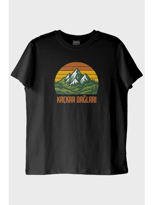 lofux KAÇKAR DAĞLARI Retro Doğa Baskılı Siyah Tişört