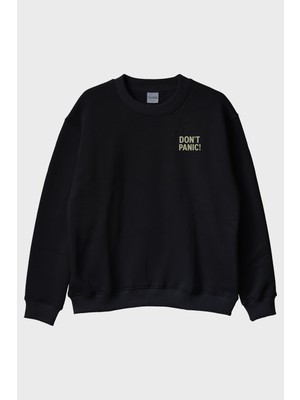Lofux Panik Yok Mesaj Siyah Bisiklet Yaka Sweatshirt