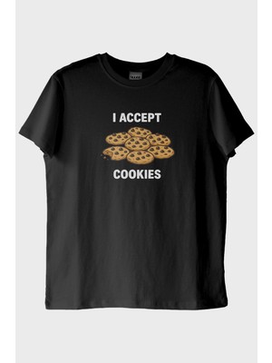 lofux I Accept Cookies Baskılı Mizahi Siyah Tişört