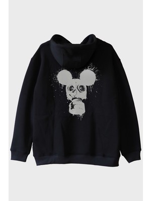 Lofux Gaz Maskesi ve Mouse Kulakları Tasarımlı Siyah Siyah Hoodie