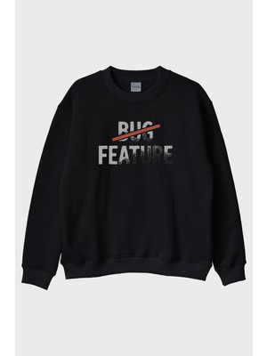 Lofux Bug Feature Siyah Bisiklet Yaka Sweatshirt