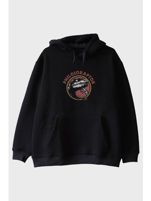 Lofux Philosoraptor Baskılı Retro Dinozor Tasarımlı Siyah Hoodie