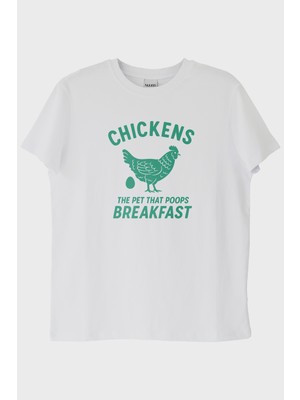 lofux THE CHICKENS Tasarımı Baskılı Beyaz Tişört