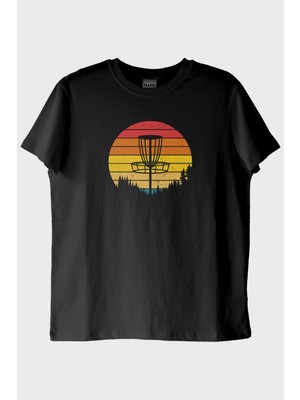 lofux Retro Güneş Batışı Tasarımlı Disk Golf Sepetli Siyah Tişört