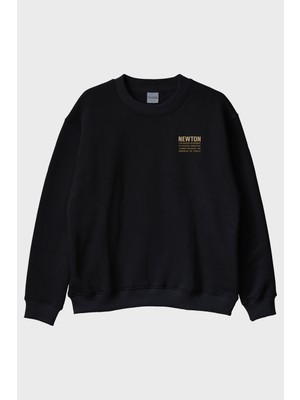 Lofux Newton Alıntılı Siyah Bisiklet Yaka Sweatshirt