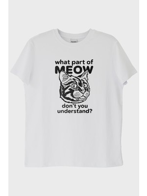 Lofux What Part of Meow Baskılı Kedi Temalı Beyaz Tişört