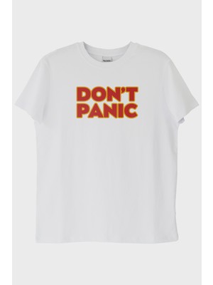 lofux Don't Panic Baskılı Mizahi Beyaz Tişört