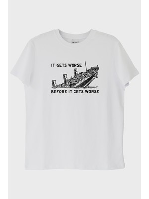 lofux It Gets Worse Baskılı Tasarım Beyaz Tişört