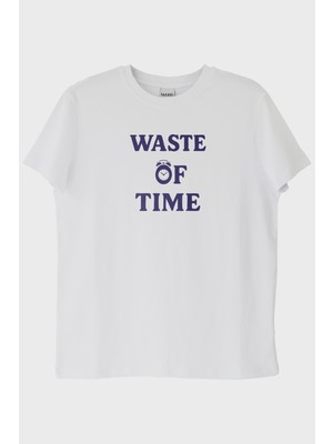 lofux Waste of Time Baskılı Minimalist Beyaz Tişört