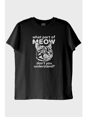 Lofux What Part of Meow Baskılı Kedi Temalı Siyah Tişört