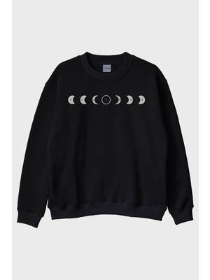 Lofux Eclıpse Ay Evreleri Tasarımı Siyah Siyah Bisiklet Yaka Sweatshirt