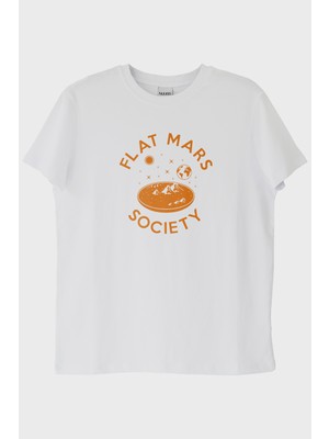 Lofux Flat Mars Society Baskılı Uzay Temalı Beyaz Tişört