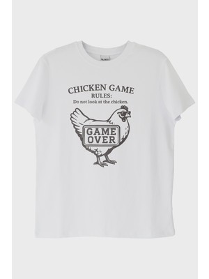 lofux Chicken GAME Tavuk Tasarımlı Baskılı Beyaz Tişört