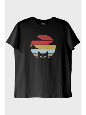 lofux Retro Kedi Baskılı Modern Siyah Tişört