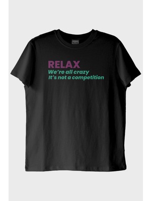 Lofux RELAX Mesajlı Minimal Baskılı Siyah Tişört