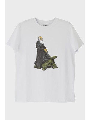 Lofux Kaplumbağa Darvin Baskılı Bilimsel Beyaz T-Shirt