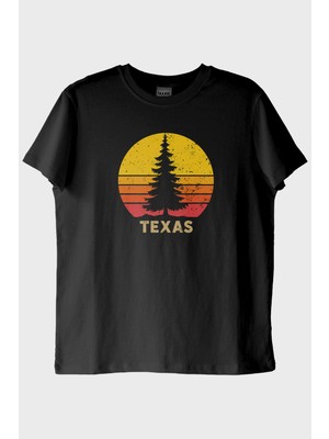 lofux TEXAS Doğa Temalı Gün Batımı Tasarımlı Siyah Tişört