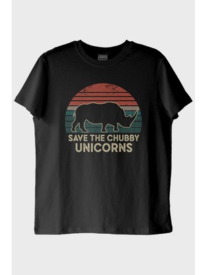 lofux Save the Chubby Unicorns Retro Gergedan Baskılı Siyah Tişört