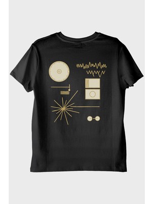 Lofux Golden Record Uzay Temalı Minimalist Bilim Siyah Tişört