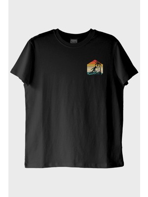 Lofux Retro Palmiye ve Sörf Baskılı Siyah Tişört
