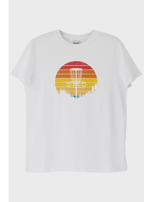 lofux Retro Güneş Batışı Tasarımlı Disk Golf Sepetli Beyaz Tişört