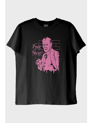 Lofux Pink Freud Baskılı Mizahi Tasarım Siyah Tişört